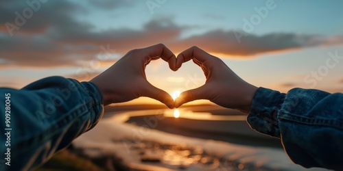 Sunset Heart: Hands form a heart shape, framing the golden glow of the setting sun, symbolizing love, hope, and the beauty of nature.  photo