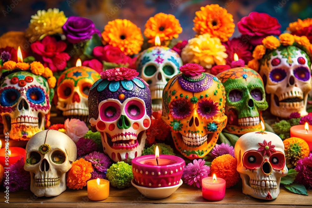 Fototapeta premium Dia de los muertos mexican day of the dead table composition with skull,candles,flowers 