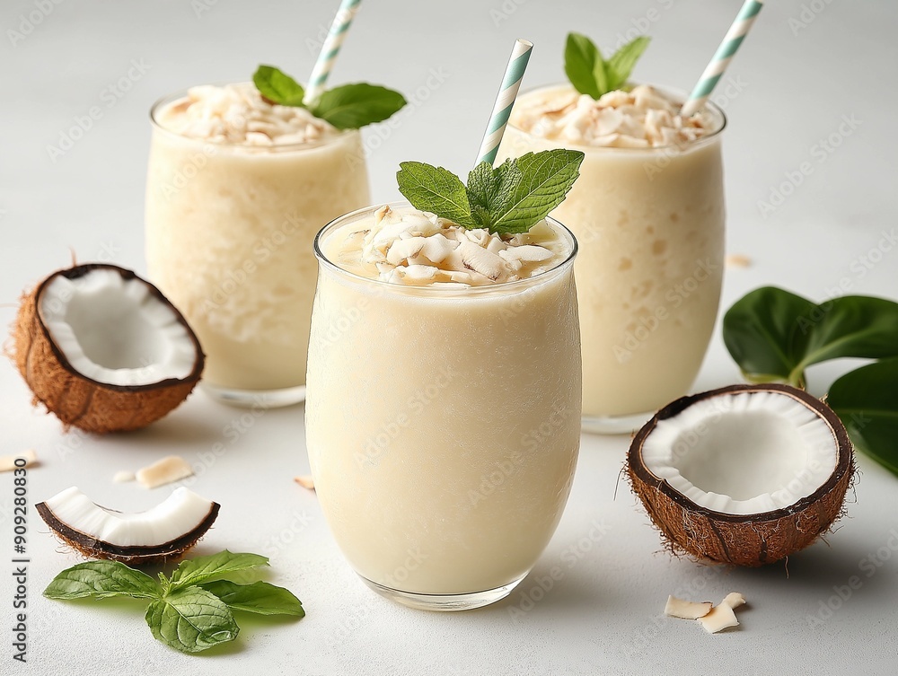 Coconut milkshakes with mint and coconut flakes Coconut milkshakes with mint and coconut flakes