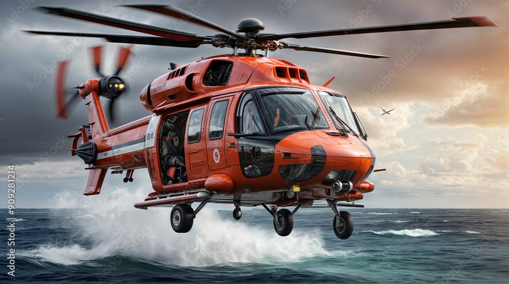A rescue helicopter hovers over turbulent ocean waves, showcasing its readiness for maritime emergency assistance during twilight hours A rescue helicopter hovers over turbulent ocean waves, showcasing its readiness for maritime emergency assistance during twilight hours