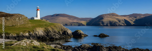 Iconic lighthouse on a rocky coastline photo