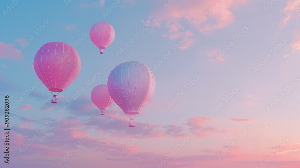 Obraz premium Three hot air balloons soar against a pink and blue sky, with fluffy white clouds scattered throughout the foreground
