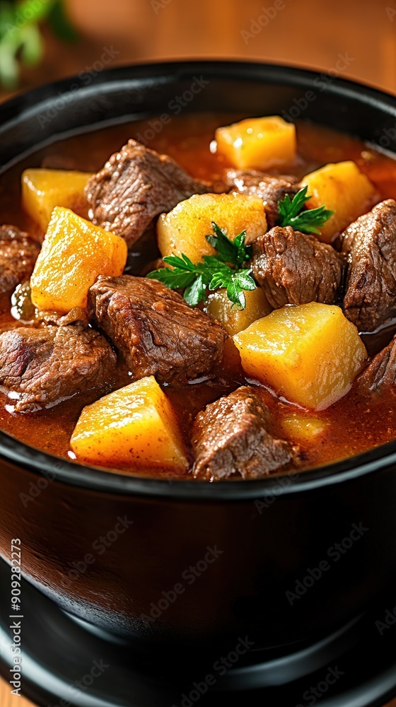 slow cooker beef stew with carrots, potatoes, peas, in dutch oven pot, on stove, comfort food