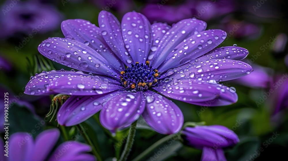 A zoomed-in image of a violet bloom adorned with raindrops, surrounded by lush foliage A zoomed-in image of a violet bloom adorned with raindrops, surrounded by lush foliage