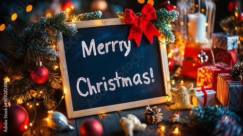 Merry Christmas Sign with Lights and Gift Boxes on Wooden Table for Holiday Season Decorations and Festive Greetings.