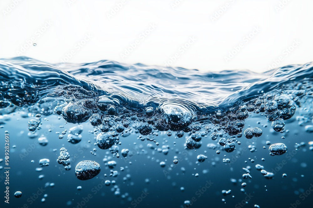 Underwater Bubbles Rising in Deep Blue Ocean Against Plain White Background Underwater Bubbles Rising in Deep Blue Ocean Against Plain White Background