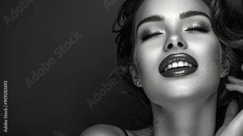 Radiant Woman with Luxurious Makeup Poses Against Black Background photo