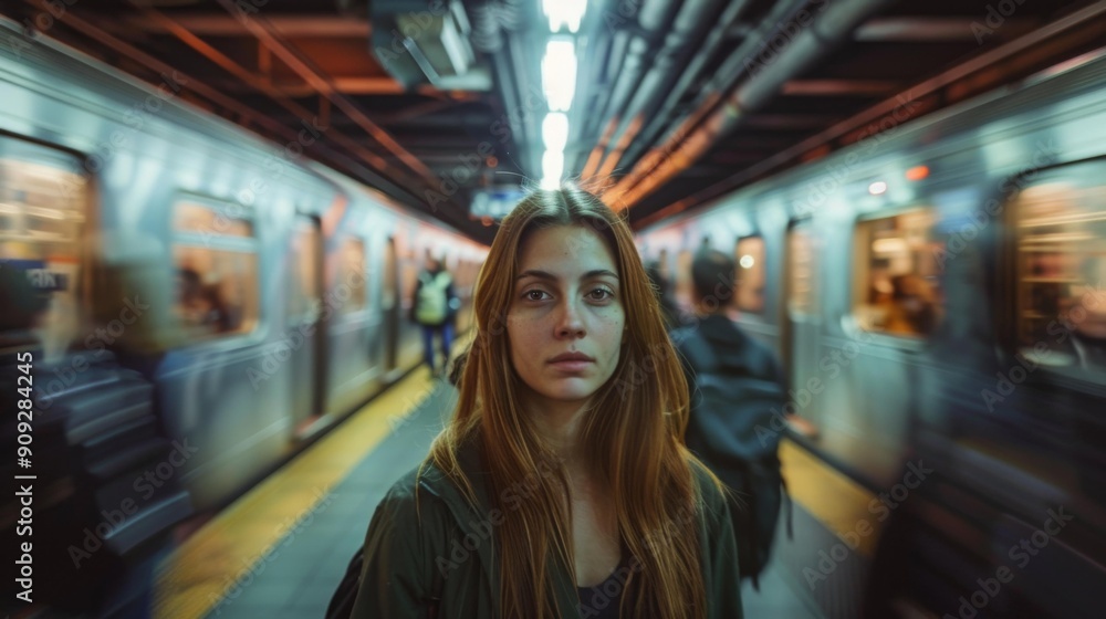 A woman standing in front of a subway train with people on it. AI. A woman standing in front of a subway train with people on it. AI.