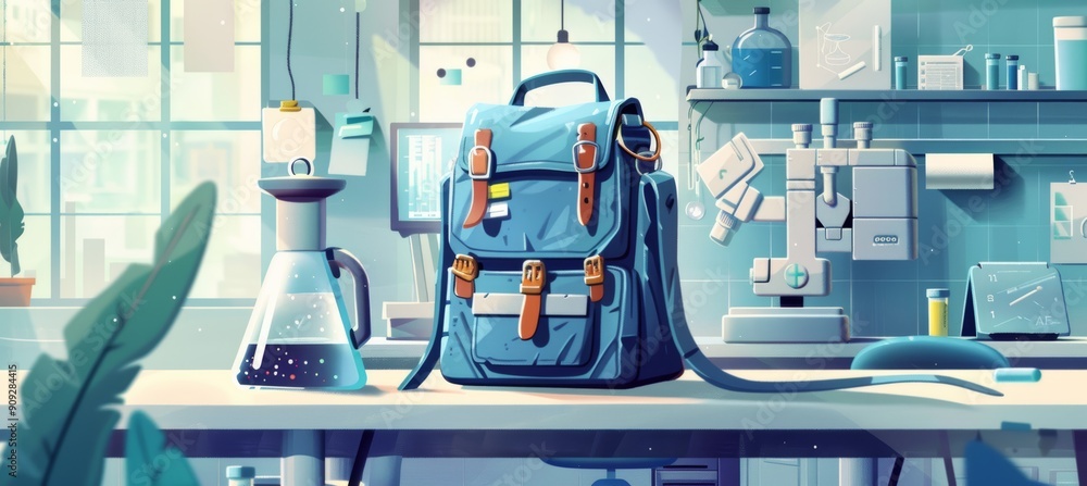 STEM Education Concept: School Backpack with Lab Equipment in a Science Lab Setting for Students STEM Education Concept: School Backpack with Lab Equipment in a Science Lab Setting for Students