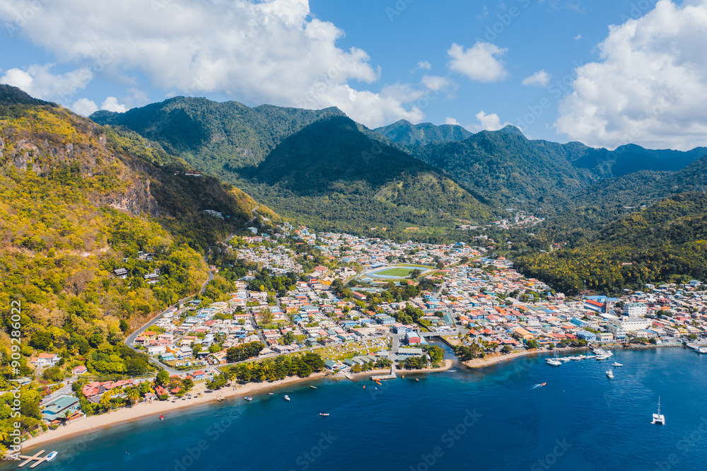 Fototapeta premium view of a town in St Lucia, soufriere, land of the pitons and only drive through volcano in the world
