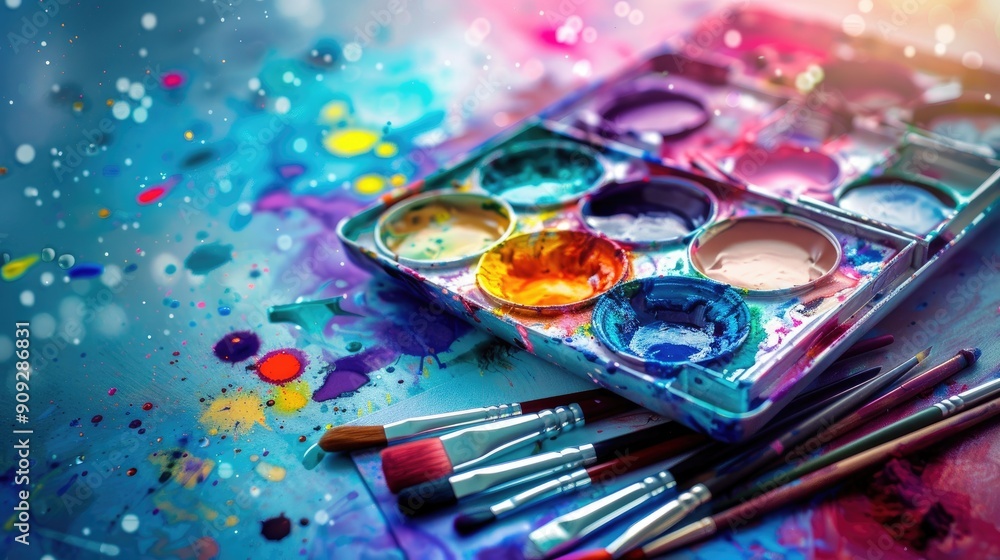 Watercolor paint set in metal palette with brushes Artist s toolbox with colorful splashes on paper Tool for art and learning Watercolor paint set in metal palette with brushes Artist s toolbox with colorful splashes on paper Tool for art and learning