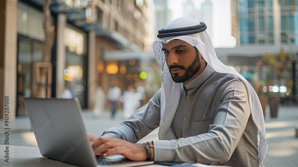 Arab Man Using Laptop In City Setting Arab Man Using Laptop In City Setting