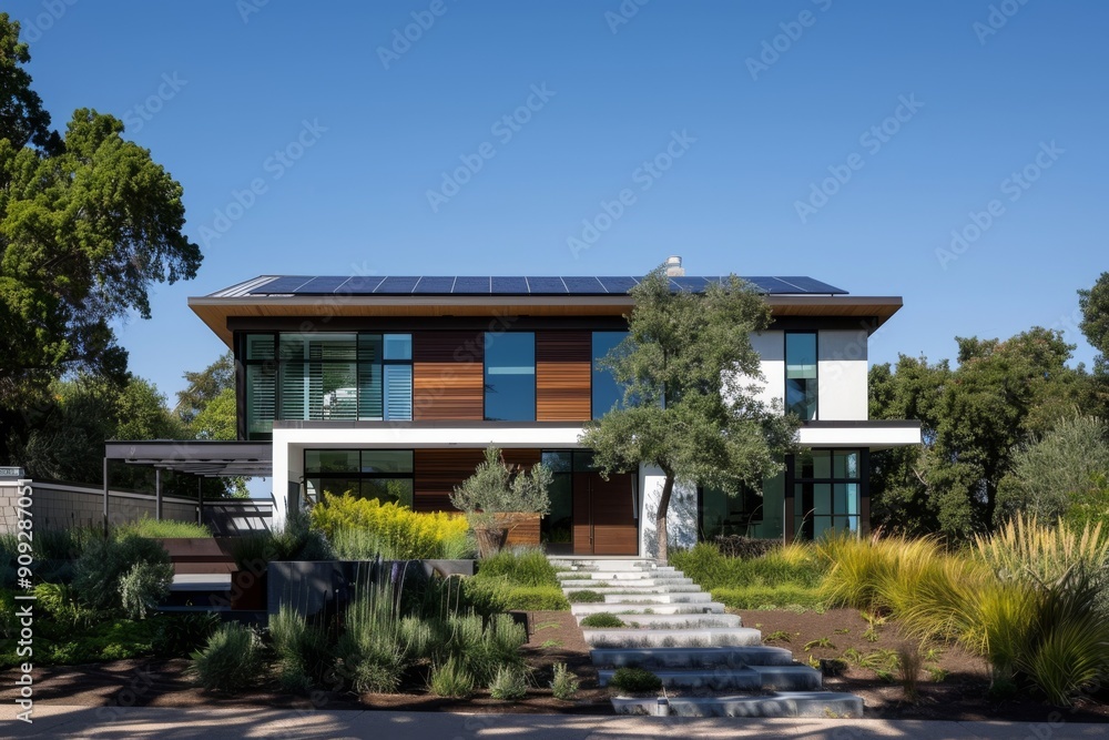 A modern house with solar panels on the roof and a lush green lawn, showcasing contemporary architecture and sustainable features. A modern house with solar panels on the roof and a lush green lawn, showcasing contemporary architecture and sustainable features.