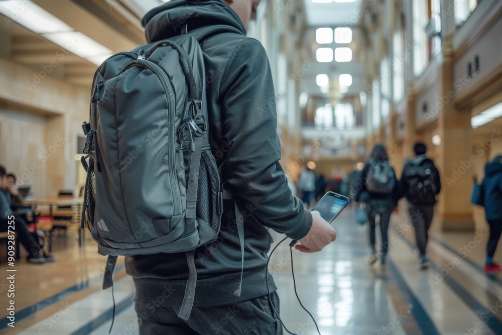 Student Using Modern Backpack with USB Charging Port in Bustling School Corridor Student Using Modern Backpack with USB Charging Port in Bustling School Corridor