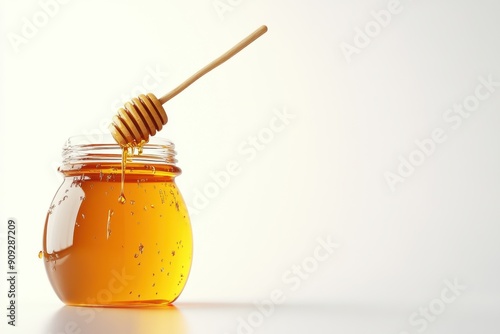 honey drops of honey and honey stick, on white background