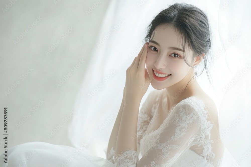A beautiful Chinese woman in a white wedding dress, sitting on the floor and holding her face with one hand, smiling at the camera A beautiful Chinese woman in a white wedding dress, sitting on the floor and holding her face with one hand, smiling at the camera