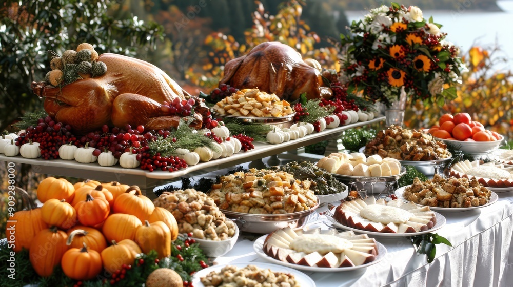 Elaborately Decorated Thanksgiving Feast Table with Roasted Turkeys, Seasonal Vegetables, and Assorted Traditional Holiday Dishes Elaborately Decorated Thanksgiving Feast Table with Roasted Turkeys, Seasonal Vegetables, and Assorted Traditional Holiday Dishes