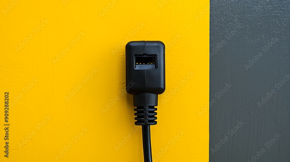 The black plug is plugged into the power lines on yellow and charcoal background The black plug is plugged into the power lines on yellow and charcoal background