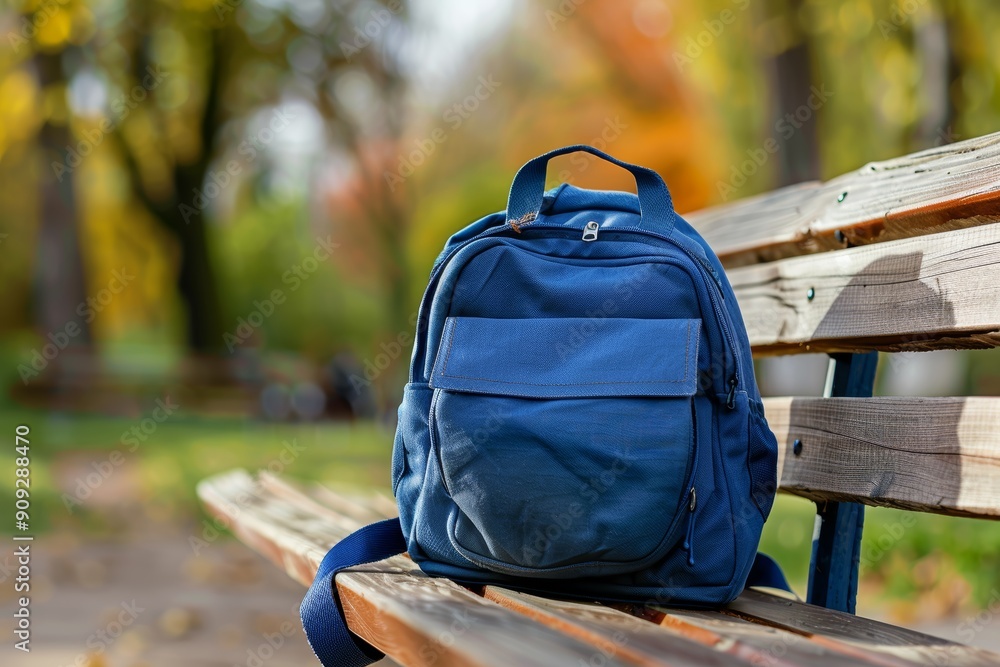 Eco-Friendly School Backpack on Wooden Bench in a Park - Close-Up Detail Shot for Sustainability Design Eco-Friendly School Backpack on Wooden Bench in a Park - Close-Up Detail Shot for Sustainability Design