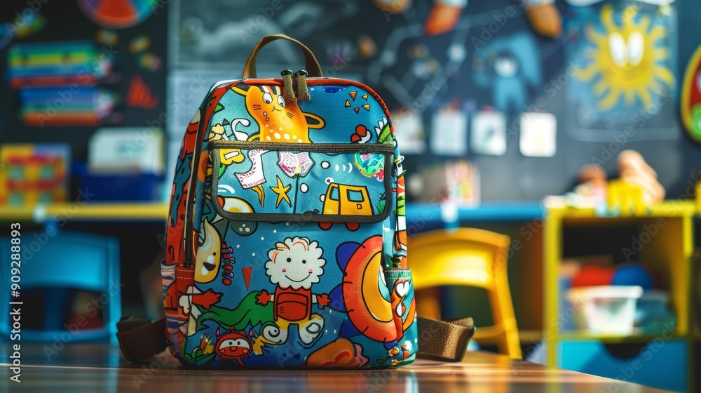 Cartoon-Themed Elementary School Backpack in a Colorful and Playful Classroom Setting Cartoon-Themed Elementary School Backpack in a Colorful and Playful Classroom Setting