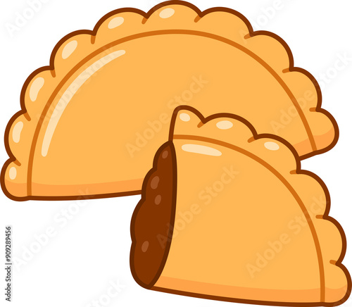 Traditional South American empanadas (meat pies). Half empanada with meat filling. Cartoon doodle clipart illustration.