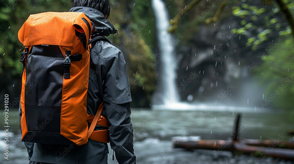 Outdoor Adventure with Waterproof School Backpack in Rainy Hiking Expedition by Waterfall Outdoor Adventure with Waterproof School Backpack in Rainy Hiking Expedition by Waterfall