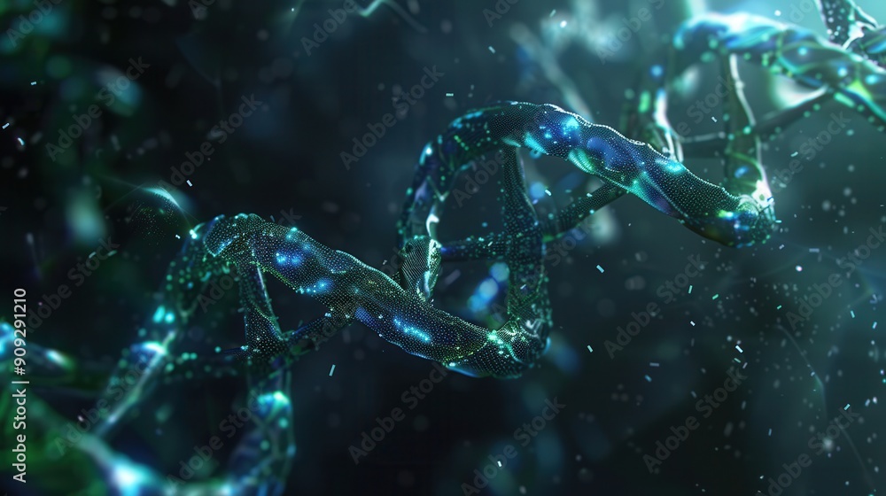 A vibrant double helix structure of DNA floats against an abstract background, showcasing intricate patterns and colors in a captivating visual representation. Generative AI A vibrant double helix structure of DNA floats against an abstract background, showcasing intricate patterns and colors in a captivating visual representation. Generative AI