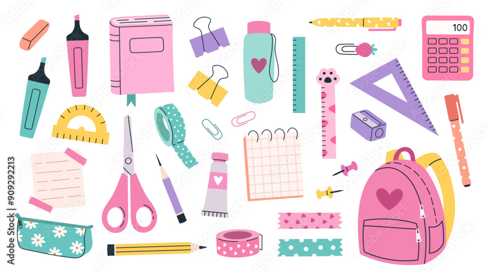 A set of school supplies. Cute vector doodle illustration of notebooks, books, rulers, calculator, scissors, markers A set of school supplies. Cute vector doodle illustration of notebooks, books, rulers, calculator, scissors, markers