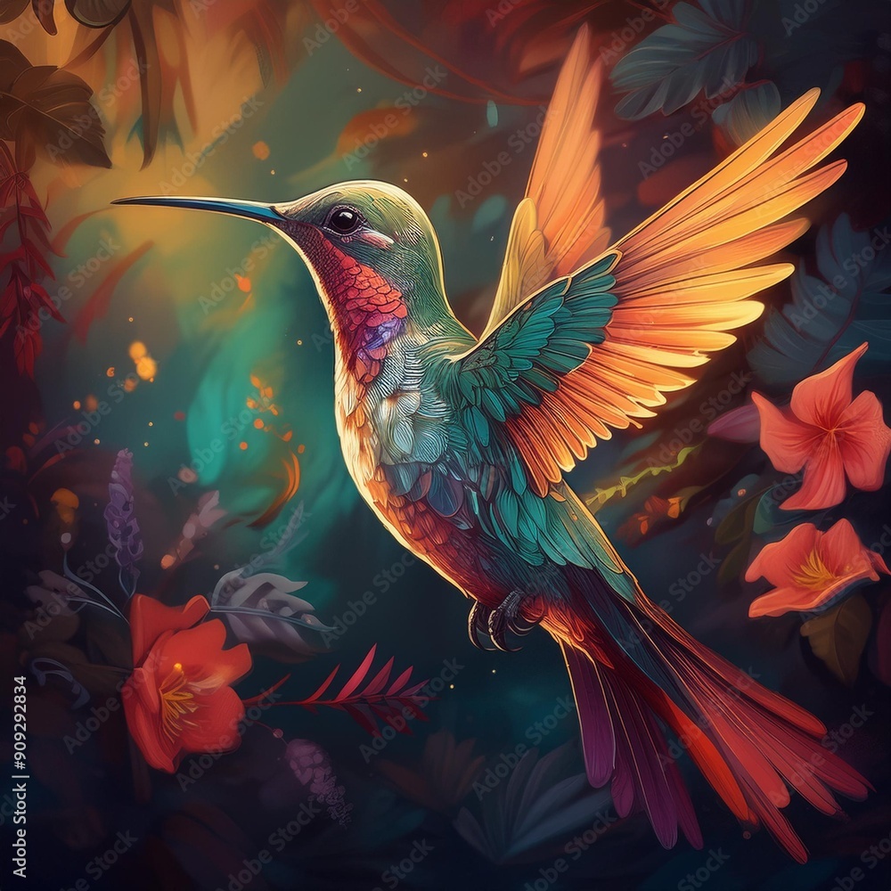 Fototapeta premium Psychadelic theme Hummingbird. Spirit Animal totem guide illustration