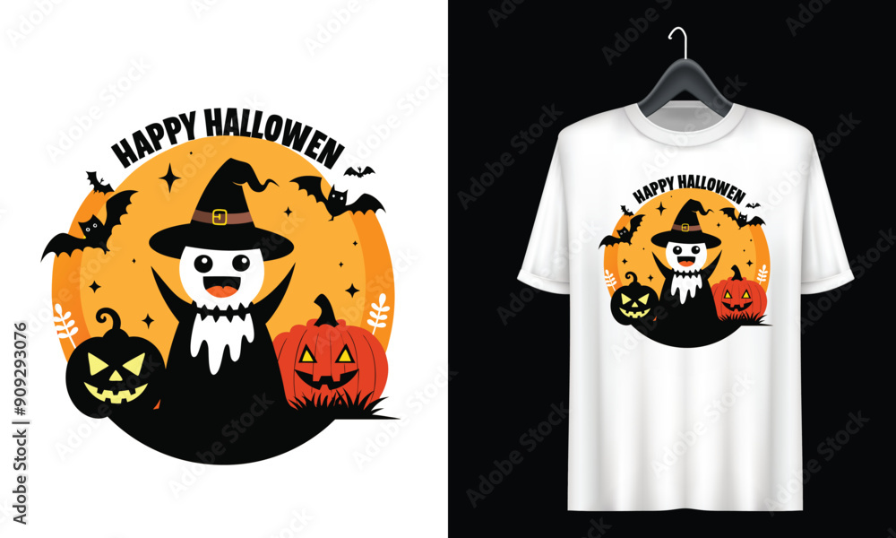 A black t-shirt featuring a festive Halloween design, showcasing a grinning jack-o'-lantern with a skull face A black t-shirt featuring a festive Halloween design, showcasing a grinning jack-o'-lantern with a skull face