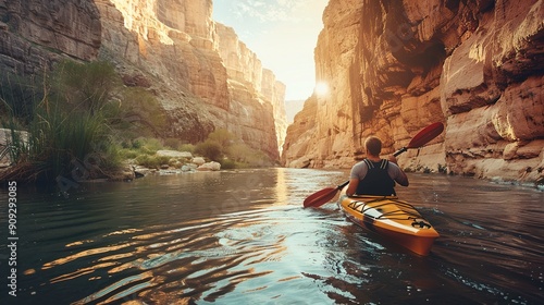 man paddling at a river in Arizona through a canyon. Outdoor kayak adventure concept. Outdoor sport adventure ,