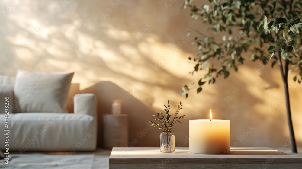 Candle Light and Greenery on a Wooden Table Candle Light and Greenery on a Wooden Table