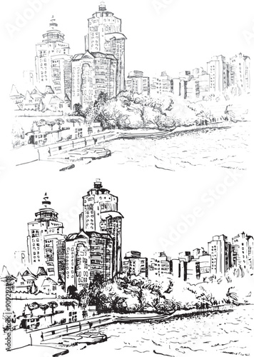 Line Art Landscape Drawing industry cityscape sketch illustration outline city seafront High-rise buildings near water outline clip art design modern city architecture house near park bush tree ink