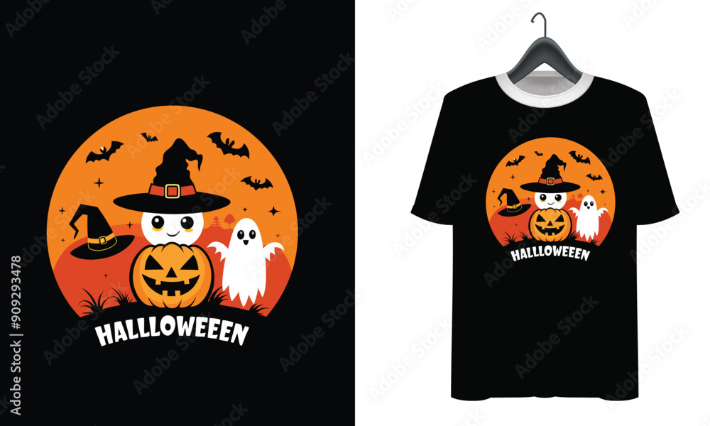 A black t-shirt featuring a festive Halloween design, showcasing a grinning jack-o'-lantern with a skull face A black t-shirt featuring a festive Halloween design, showcasing a grinning jack-o'-lantern with a skull face