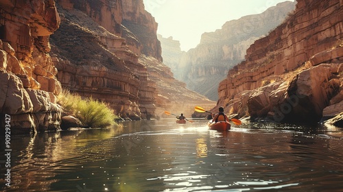 man paddling at a river in Arizona through a canyon. Outdoor kayak adventure concept. Outdoor sport adventure ,
