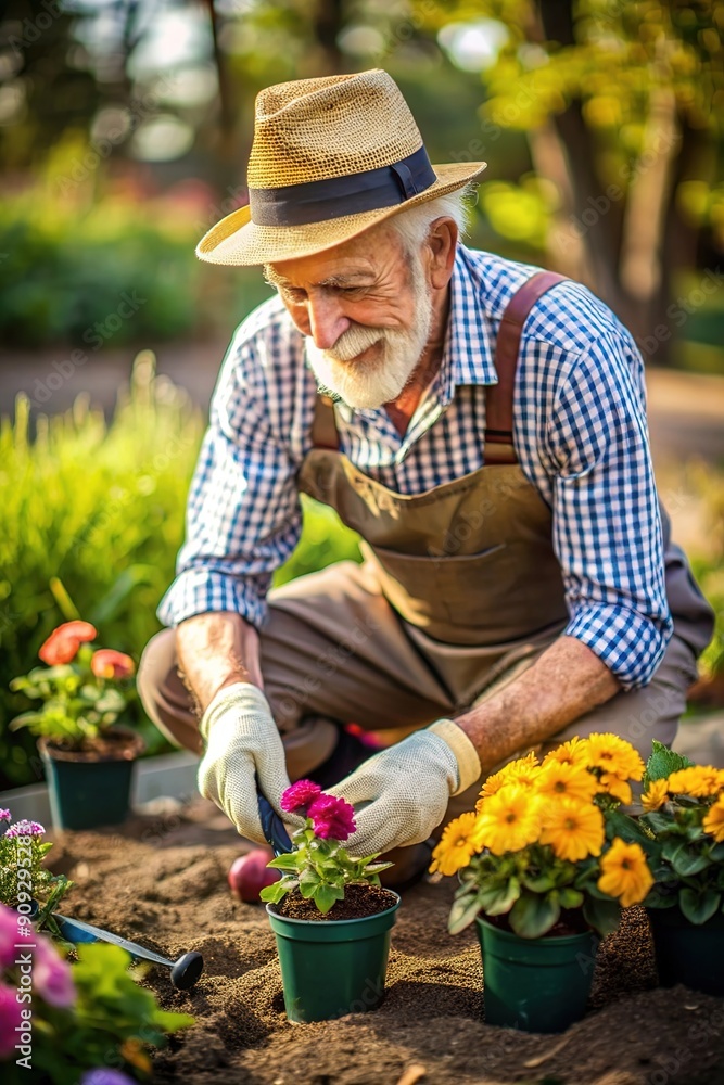 Happy senior old man gardening and replanting flowers. spending quality time, lifestyle, domestic life and retirement concept. Happy senior old man gardening and replanting flowers. spending quality time, lifestyle, domestic life and retirement concept.