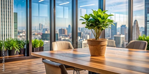 Urban Oasis Cityscape View from a Modern Office with a Plant on a Wooden Table, office design, interior design, modern architecture, office furniture