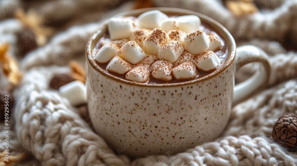Cup of hot chocolate with marshmallows on a knitted blanket, cozy and warm winter drink concept Cup of hot chocolate with marshmallows on a knitted blanket, cozy and warm winter drink concept