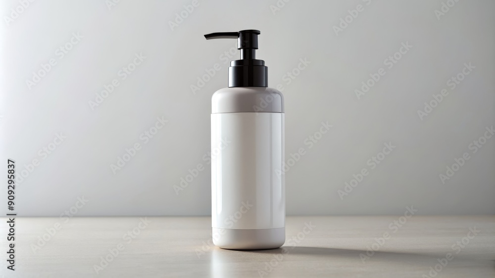 White Pump Bottle on a Light Wooden Surface, Product Packaging, Beauty, Cosmetics, Mockup White Pump Bottle on a Light Wooden Surface, Product Packaging, Beauty, Cosmetics, Mockup