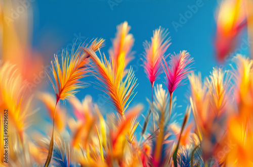 Vibrant Colorful Feathery Flowers Against Blue Sky photo