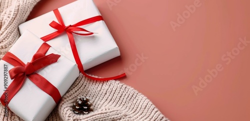 Festive Gift Boxes With Red Ribbons on Cozy Knit and Red Background