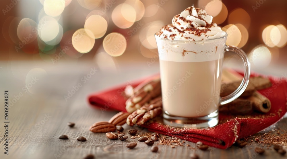 Creamy Coffee Beverage With Whipped Topping and Holiday Treats on Rustic Table Creamy Coffee Beverage With Whipped Topping and Holiday Treats on Rustic Table