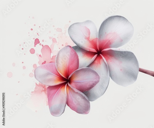 White Plumeria Flowers With Yellow Accents and Water Droplets on a Soft Backg...