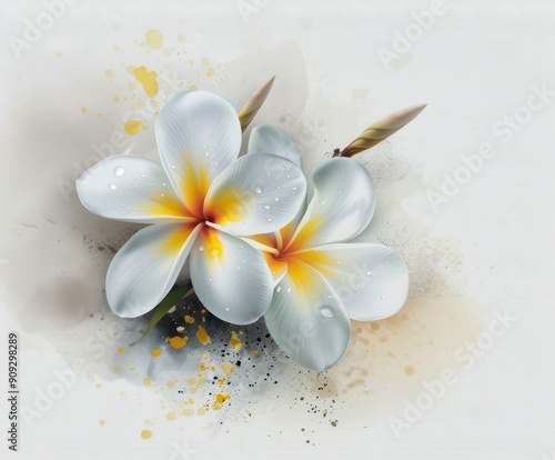 White Plumeria Flowers With Yellow Accents and Water Droplets on a Soft Backg...