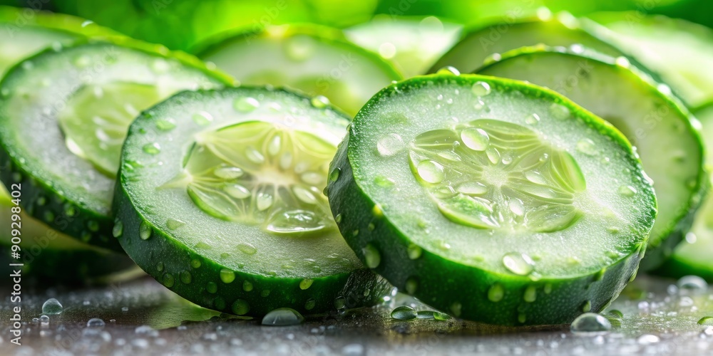 Cucumber Slices with Dew Drops, Close-Up Macro Photography, Green Vegetable, Freshness, Natural , cucumber, macro Cucumber Slices with Dew Drops, Close-Up Macro Photography, Green Vegetable, Freshness, Natural , cucumber, macro