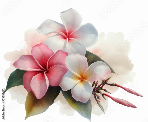 White Plumeria Flowers With Yellow Accents and Water Droplets on a Soft Backg...