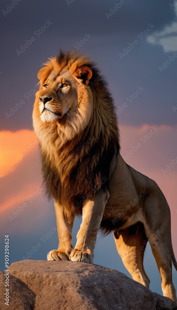 Against the backdrop of a dramatic sunset, a majestic lion poses majestically on a stone ledge. The silhouette of his powerful frame and flowing mane is etched against the vibrant hues of orange and g Against the backdrop of a dramatic sunset, a majestic lion poses majestically on a stone ledge. The silhouette of his powerful frame and flowing mane is etched against the vibrant hues of orange and g