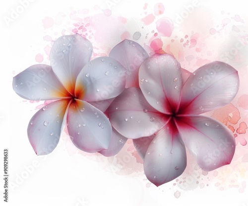 White Plumeria Flowers With Yellow Accents and Water Droplets on a Soft Backg...