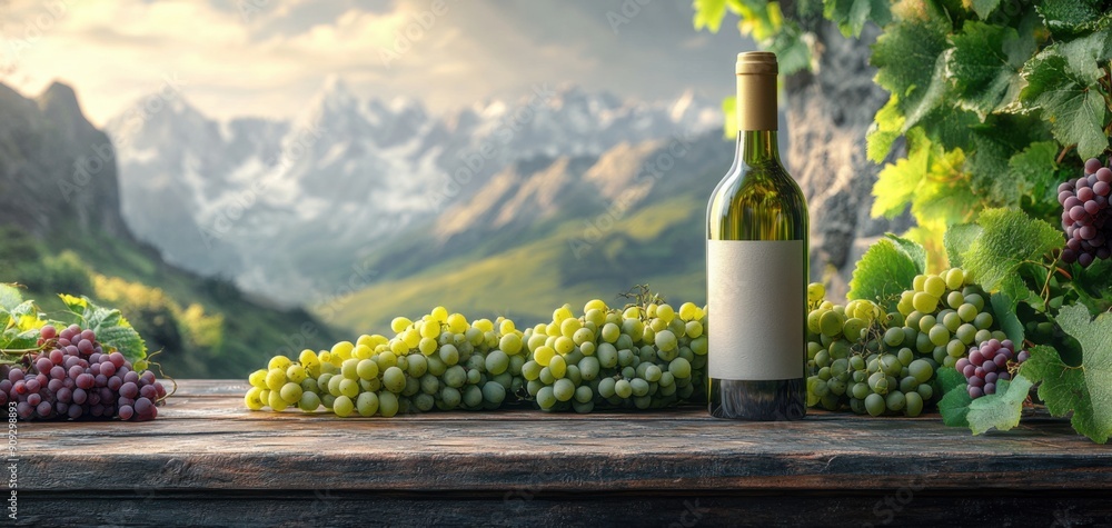 Fototapeta premium Wine bottle with grapes against the background of mountains, perfect background for advertising