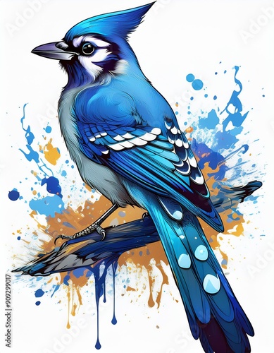 Psychadelic theme Blue Jay. Spirit Animal totem guide illustration Isolated on white photo